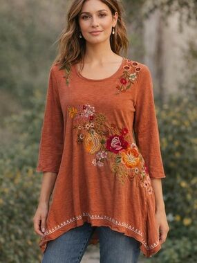 Johnny Was JWLA Embroidered Floral Scoop Neck Relaxed Tunic Tee